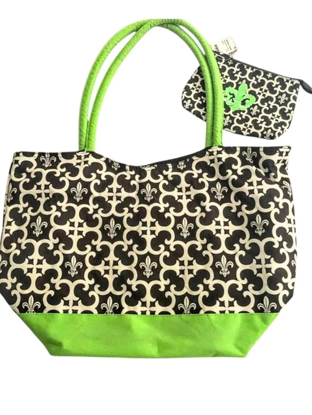 NWT. Fleur-de-Lis Zip Top Canvas Tote & Catch All Lime Green Accents.